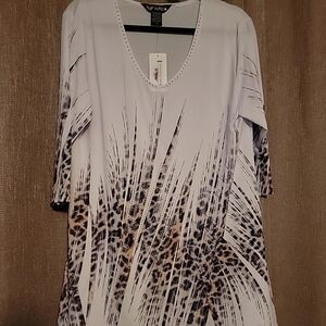 Valentina Bling Animal Tunic Top Black Brown Cheetah V Neck Shirt Large